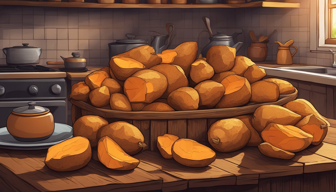 A pile of golden roasted sweet potatoes sits on a rustic wooden shelf, surrounded by a warm, inviting kitchen atmosphere