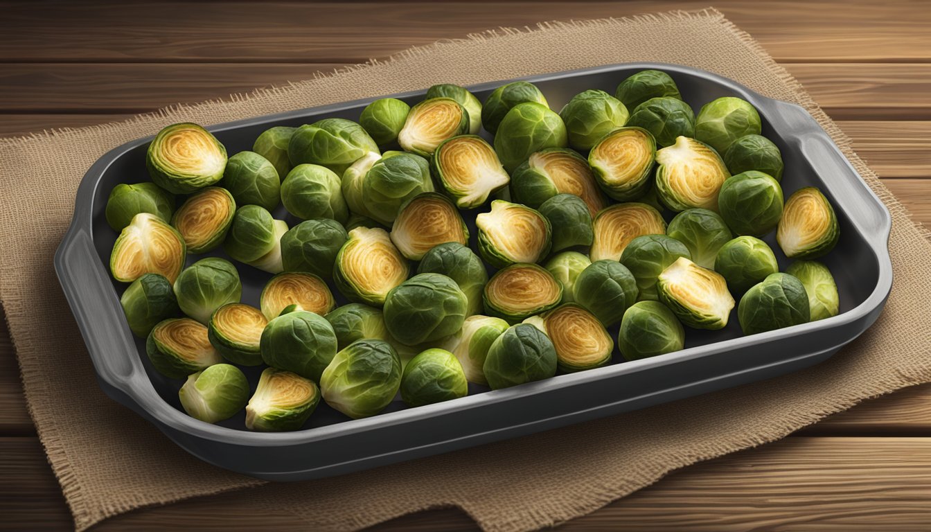 A tray of roasted gluten-free brussels sprouts with various flavorings, sitting on a rustic wooden table with a burlap tablecloth