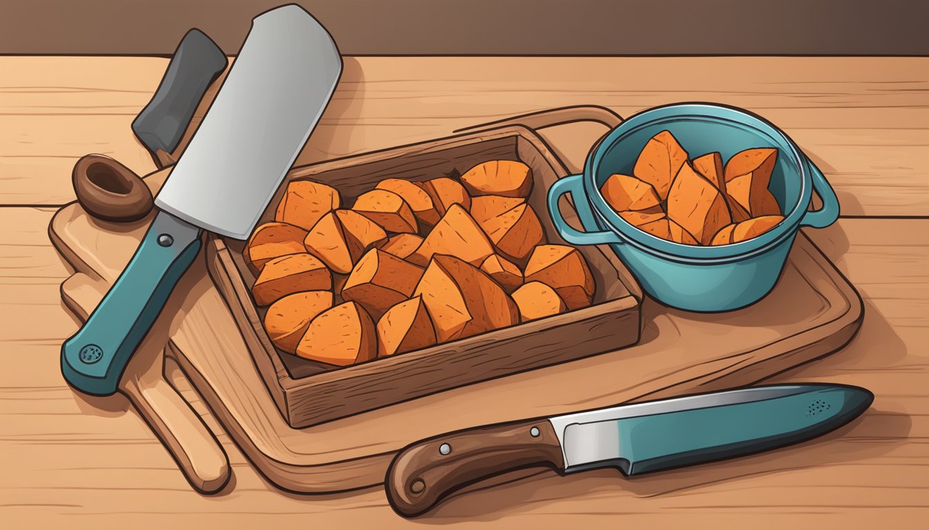 A kitchen counter with a cutting board, knife, and freshly roasted sweet potatoes. A separate container holds gluten-free sweet potatoes to prevent cross-contamination