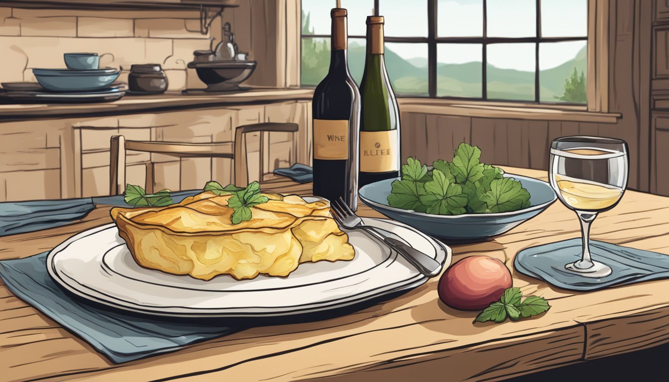 A rustic kitchen table with a steaming dish of gluten-free scalloped potatoes next to a bottle of wine and a pair of elegant wine glasses