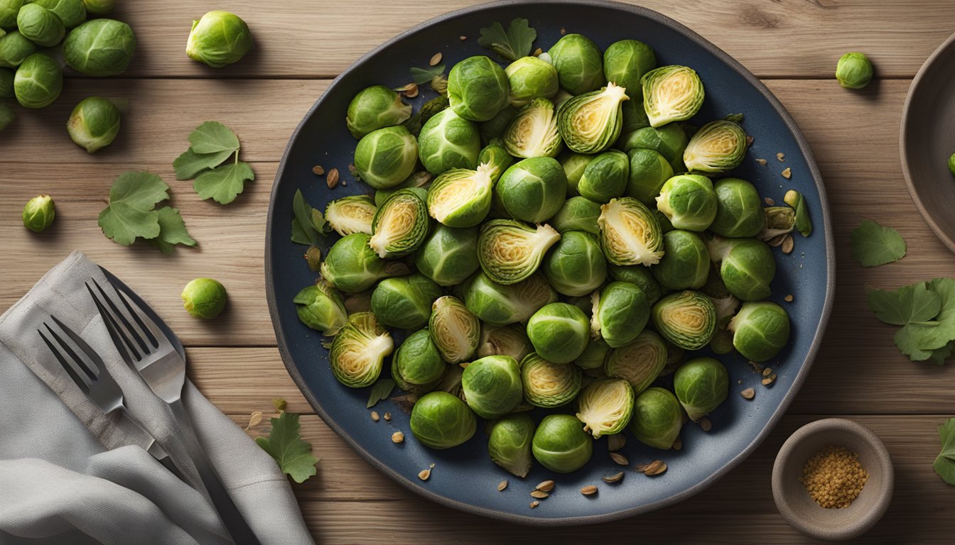 A plate of gluten-free roasted Brussels sprouts sits on a rustic wooden table, surrounded by scattered sprouts and a few loose leaves