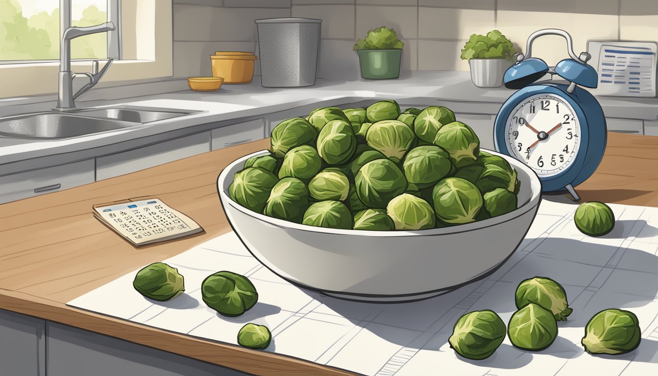 A bowl of gluten-free roasted brussels sprouts sits on a kitchen counter, surrounded by a calendar, a clock, and a container with a "best by" date