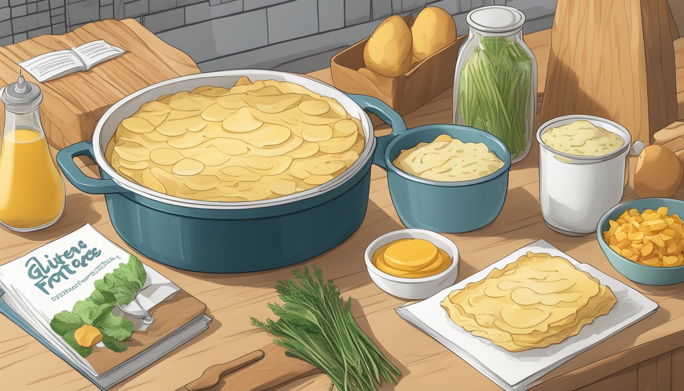 A kitchen counter with a clear container of gluten-free scalloped potatoes, surrounded by various ingredients and a recipe book