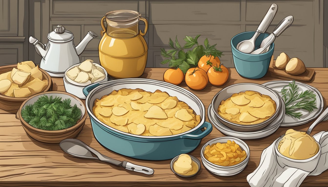 A rustic kitchen counter with a baking dish of gluten-free scalloped potatoes, surrounded by fresh ingredients and cooking utensils