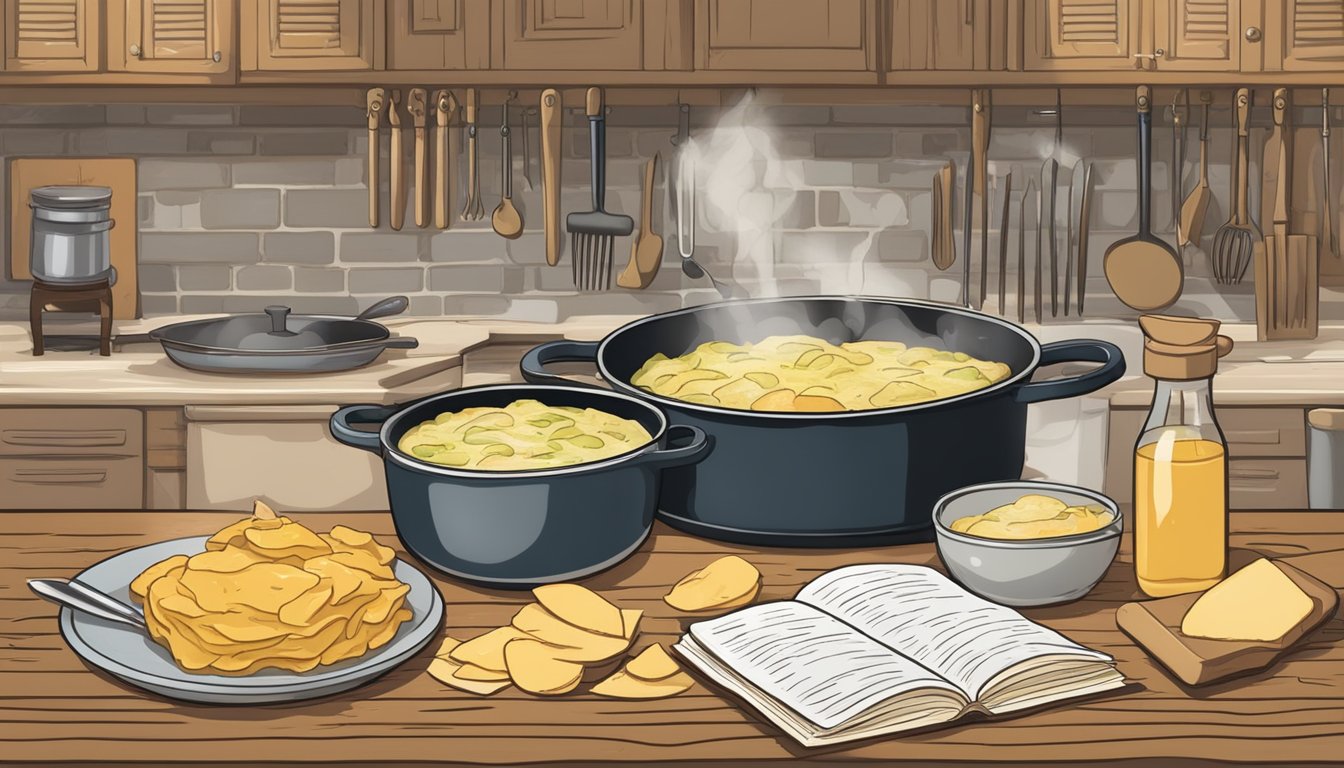 A rustic kitchen with a bubbling pot of gluten-free scalloped potatoes on a wooden table, surrounded by recipe books and cooking utensils