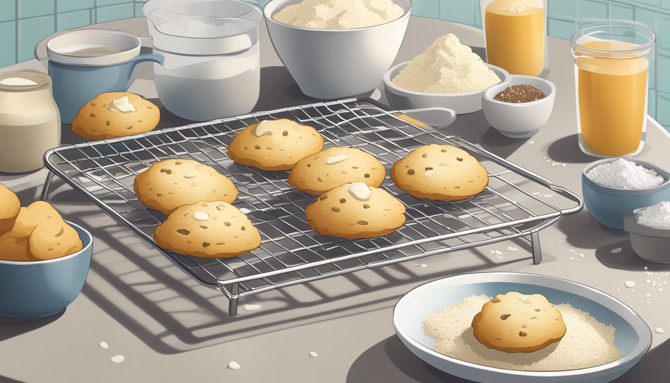 A kitchen counter with freshly baked gluten-free scones cooling on a wire rack, surrounded by scattered flour and a mixing bowl