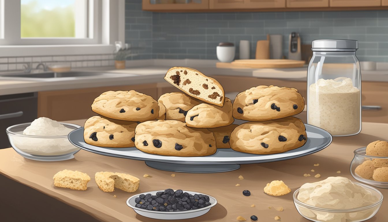 A countertop with a plate of gluten-free scones covered with a clear, airtight container. The scones are surrounded by various gluten-free ingredients and baking tools