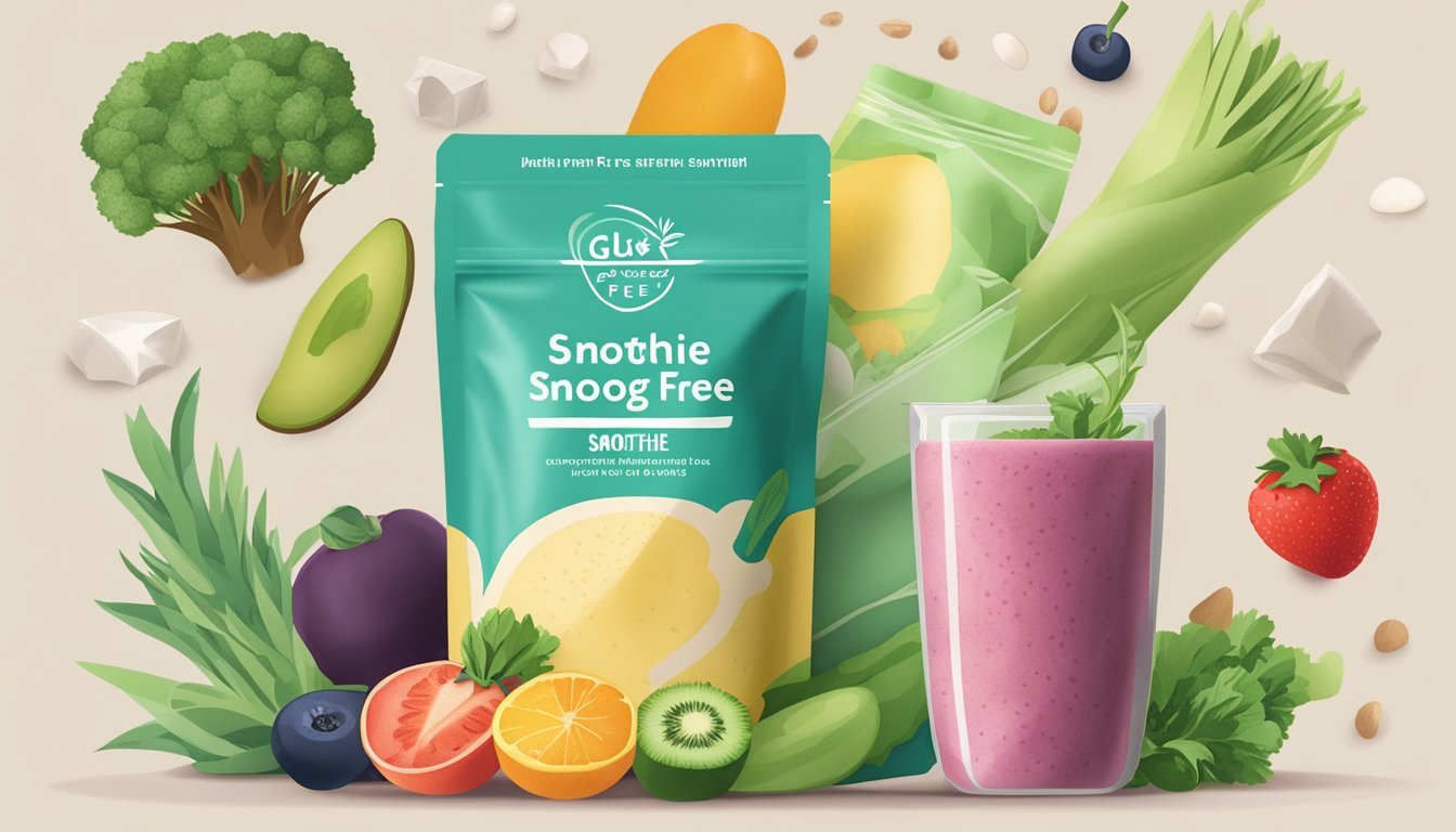 A gluten-free smoothie pack sits unopened on a clean kitchen counter, surrounded by fresh fruits and vegetables. The expiration date is clearly visible on the packaging