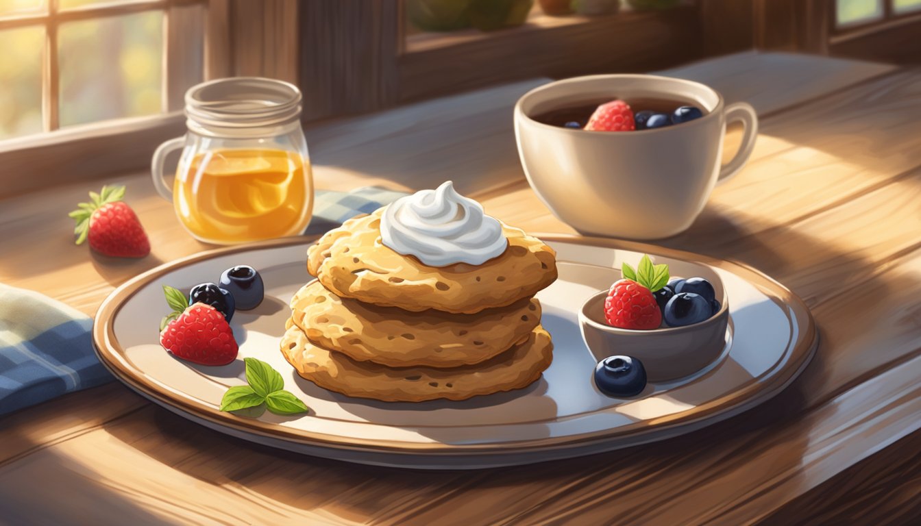 A plate of gluten-free scones sits on a rustic wooden table, surrounded by fresh berries and a dollop of whipped cream. Sunshine streams in through a nearby window, casting a warm glow over the scene