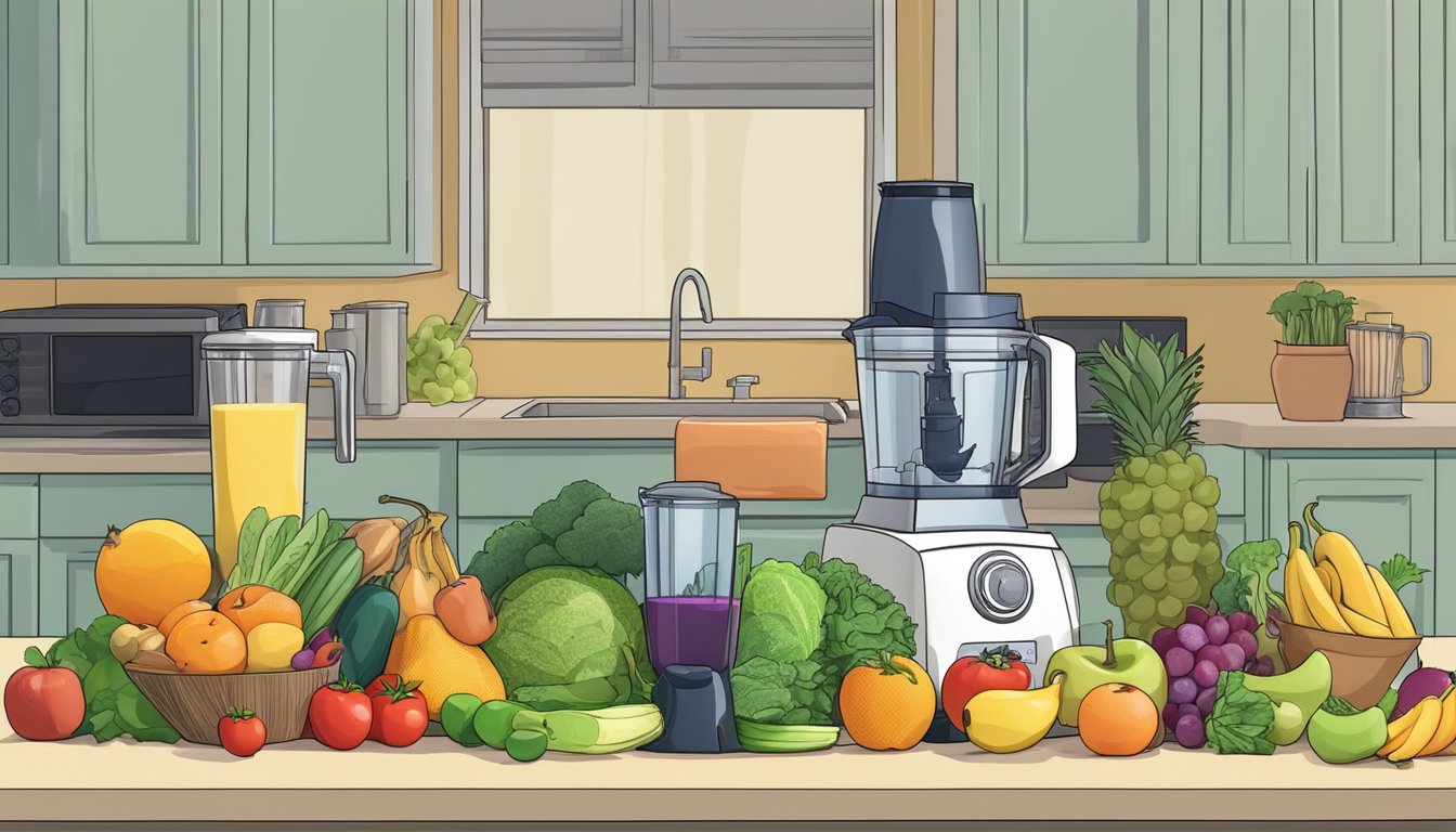 A colorful array of fresh fruits and vegetables, a blender, and a stack of gluten-free smoothie packs on a kitchen counter