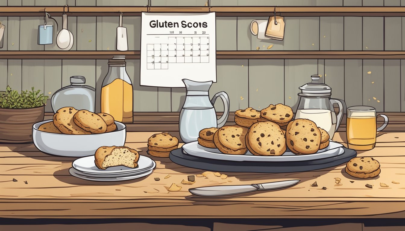 A kitchen scene with a plate of gluten-free scones on a rustic wooden shelf, surrounded by a few scattered crumbs and a calendar showing the current date