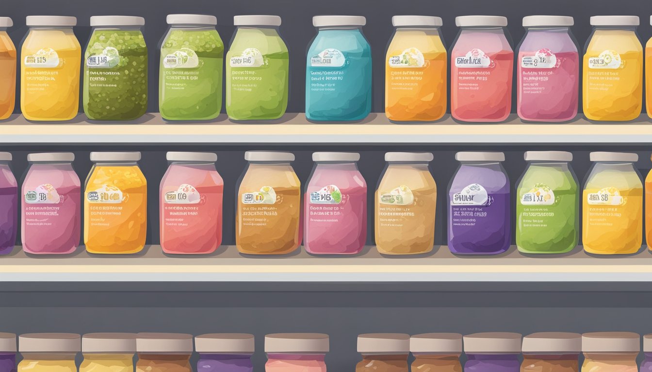 A row of colorful gluten-free smoothie packs arranged on a shelf, with expiration dates clearly labeled