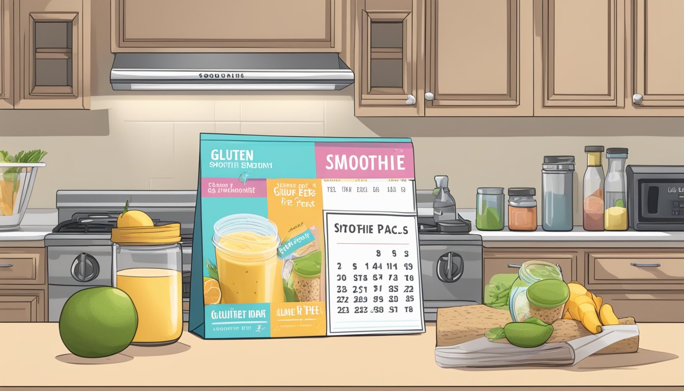 A kitchen counter with a stack of labeled gluten-free smoothie packs and a calendar showing the expiration date