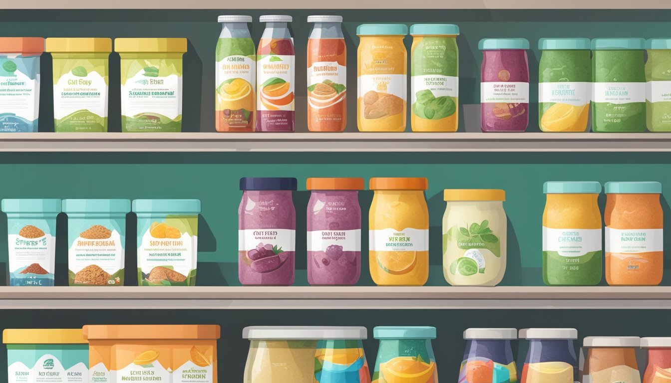 A pantry shelf with gluten-free smoothie packs in colorful packaging, alongside a calendar marking the expiration date