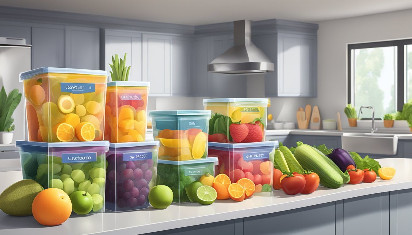 A colorful array of fresh fruits and vegetables arranged next to a stack of labeled, sealed smoothie packs in a modern kitchen