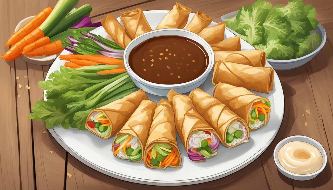 A plate of gluten-free spring rolls sits on a wooden table, surrounded by colorful vegetables and a dipping sauce. The rolls are fresh and inviting, with a golden-brown, crispy exterior