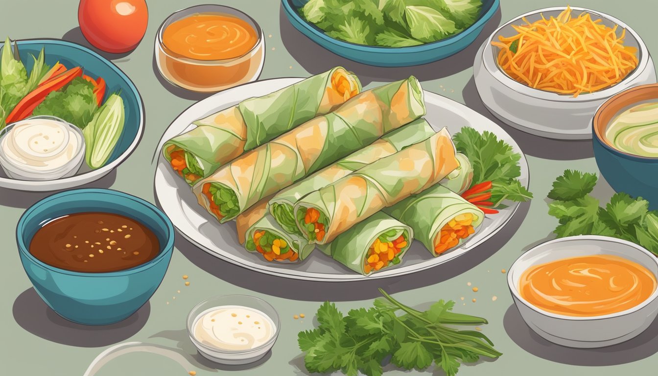 A plate of gluten-free spring rolls, fresh and vibrant, surrounded by colorful vegetables and herbs, with a dipping sauce on the side