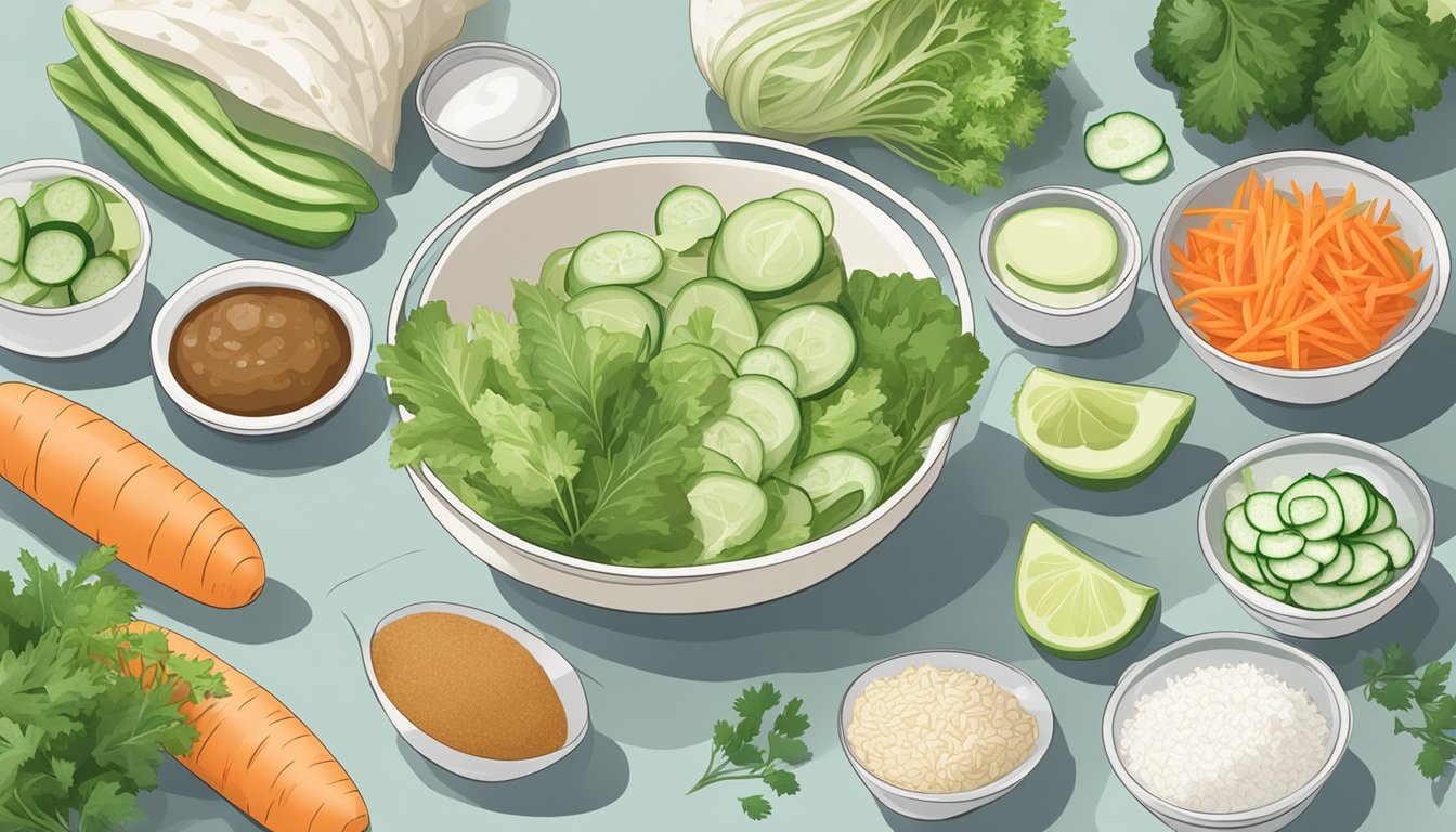 Fresh ingredients laid out on a clean counter: rice paper, lettuce, carrots, cucumber, herbs, and a bowl of gluten-free filling