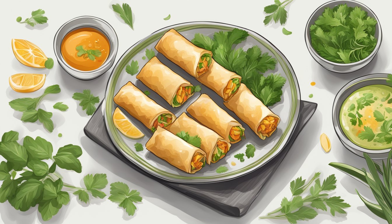 A plate of gluten free spring rolls, crispy and golden, surrounded by fresh herbs and dipping sauce