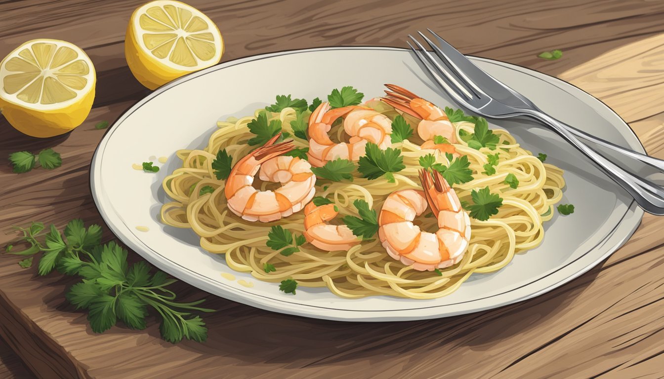 A plate of gluten-free shrimp scampi with fresh herbs, garlic, and lemon, served with a side of gluten-free pasta, on a rustic wooden table