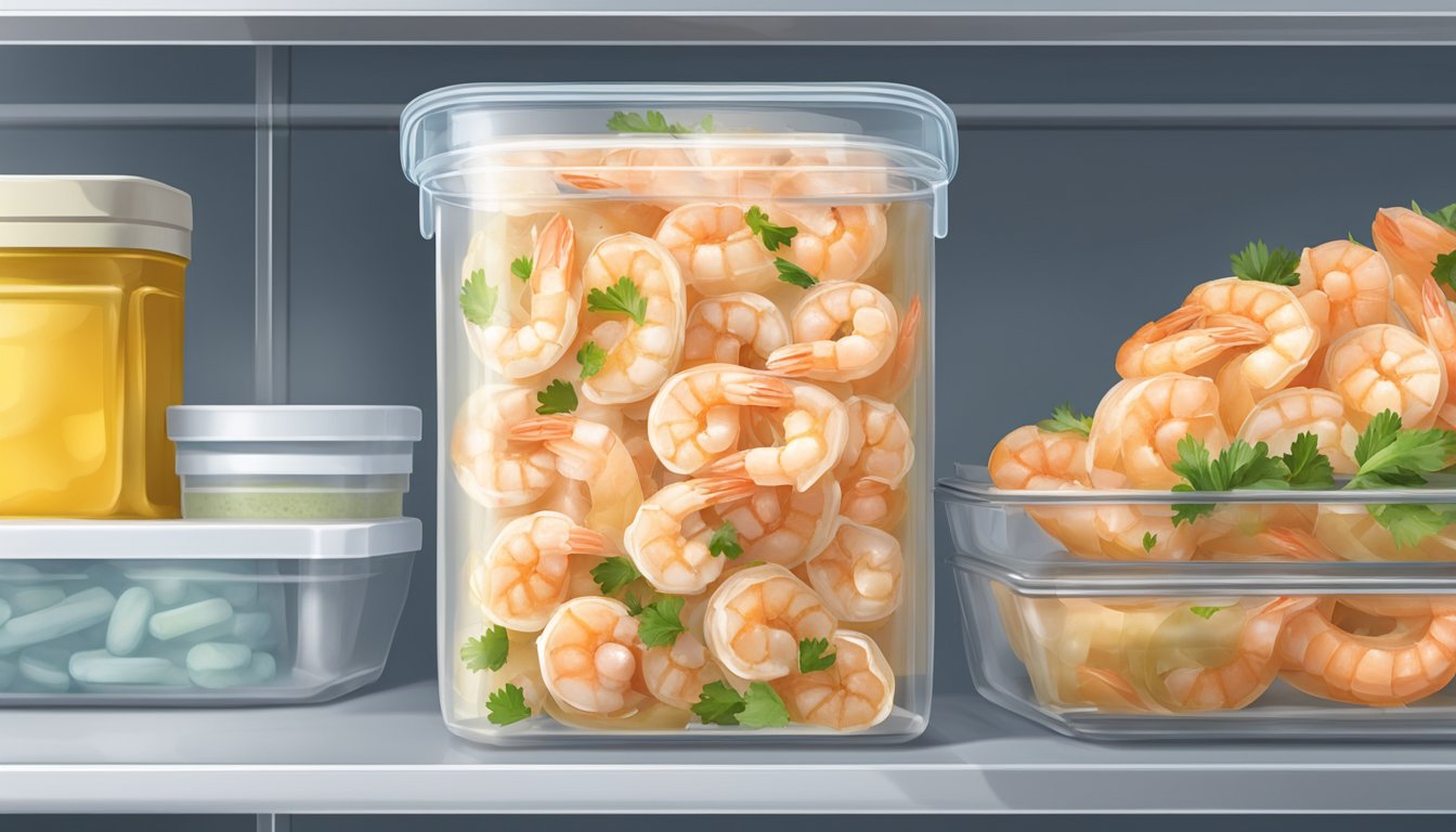 A glass container filled with gluten-free shrimp scampi sits on a shelf in a refrigerator, sealed with a tight-fitting lid to ensure proper storage