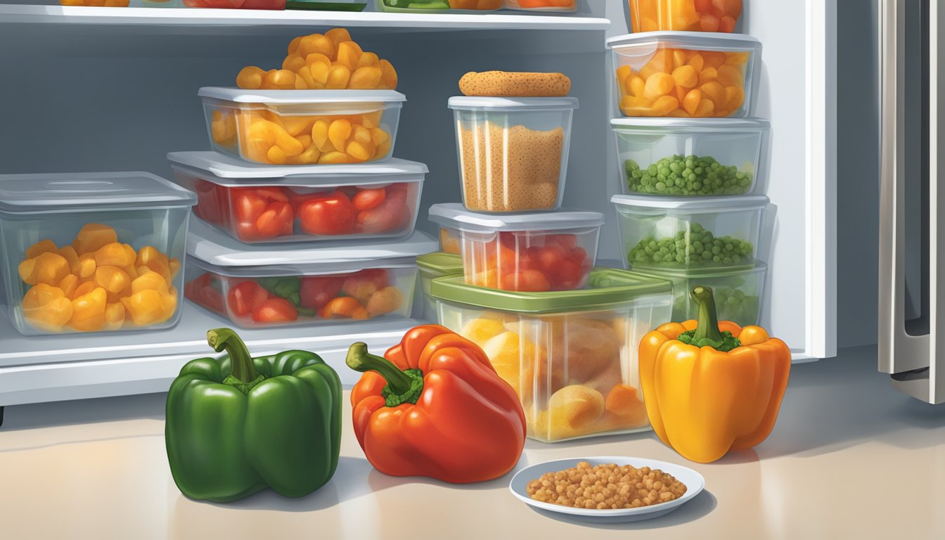 A glass container filled with gluten-free stuffed bell peppers sits in a refrigerator, surrounded by other food items