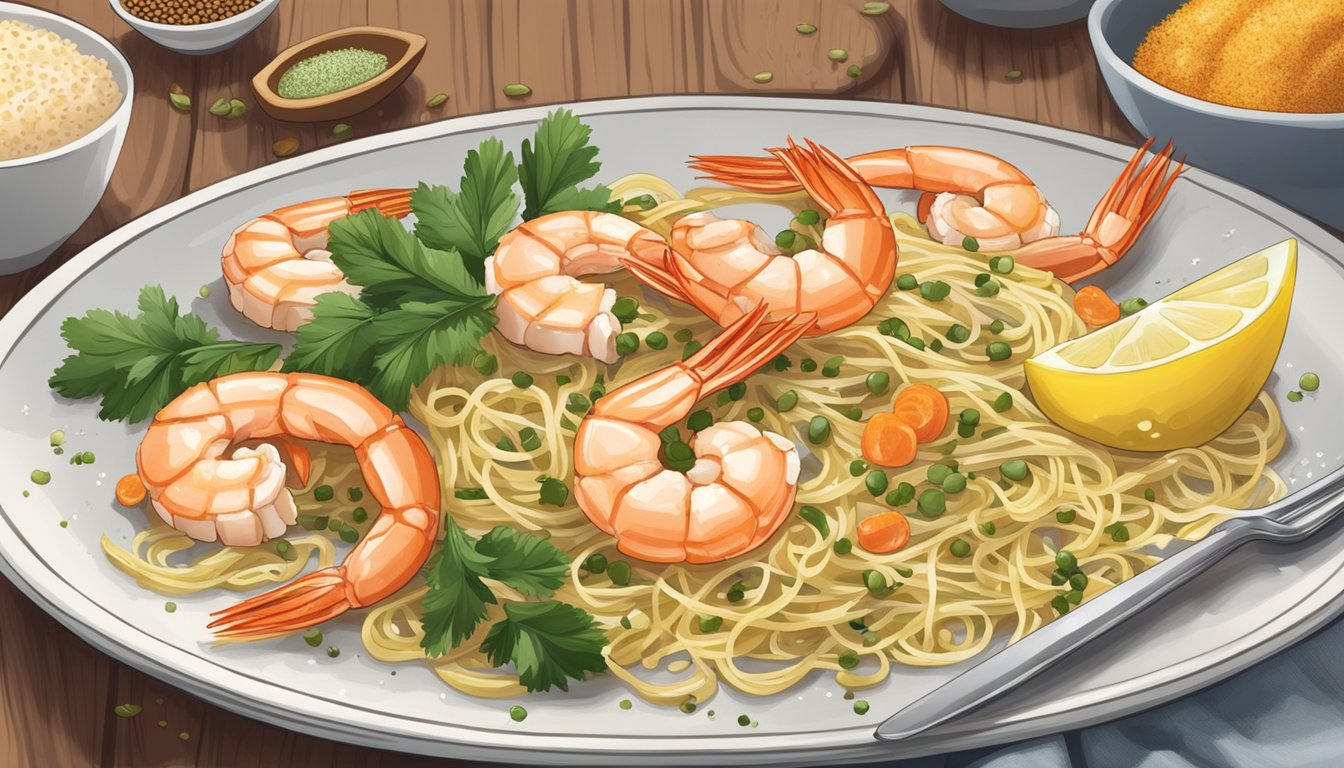 A plate of gluten-free shrimp scampi sits on a kitchen counter, surrounded by a variety of spices and ingredients. The dish is covered with a clear plastic wrap to preserve its freshness