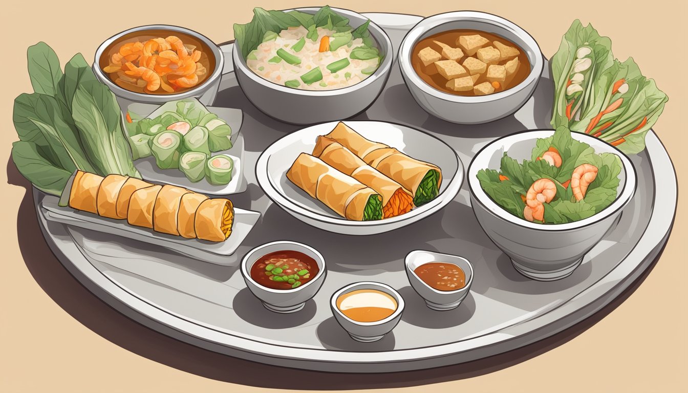 A table set with an assortment of gluten-free spring rolls, including vegetable, shrimp, and tofu varieties, arranged neatly on a platter with a side of dipping sauce