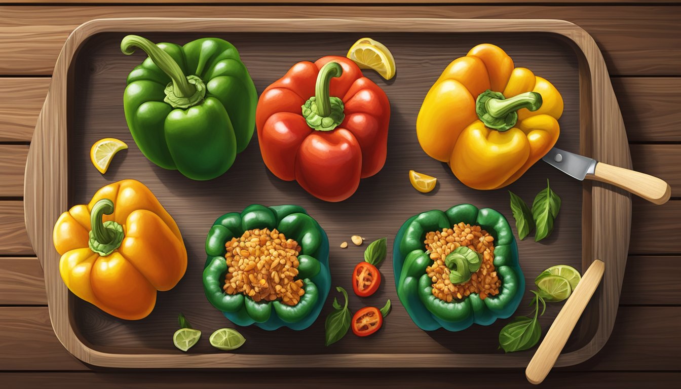 A colorful array of gluten-free stuffed bell peppers, fresh and vibrant, arranged on a rustic wooden serving platter