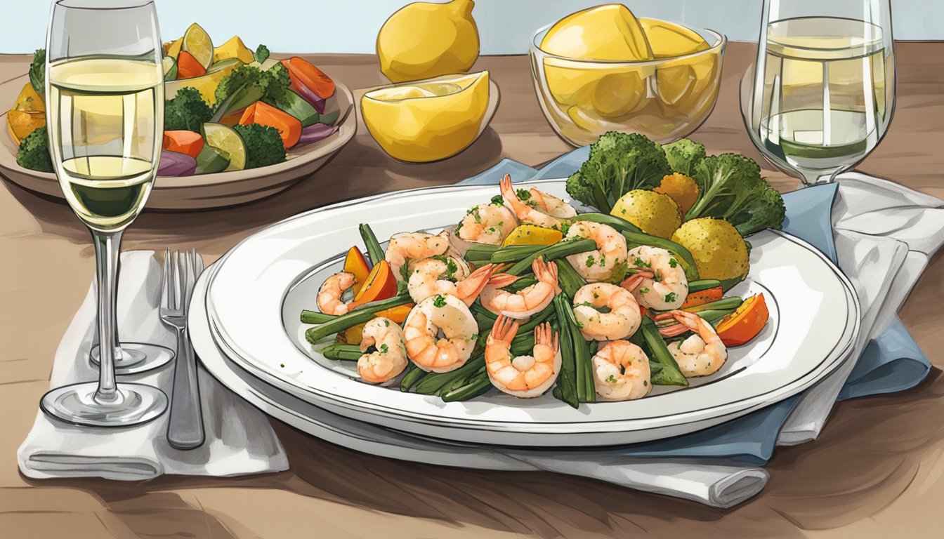 A plate of gluten-free shrimp scampi with lemon wedges and a side of roasted vegetables, accompanied by a glass of white wine