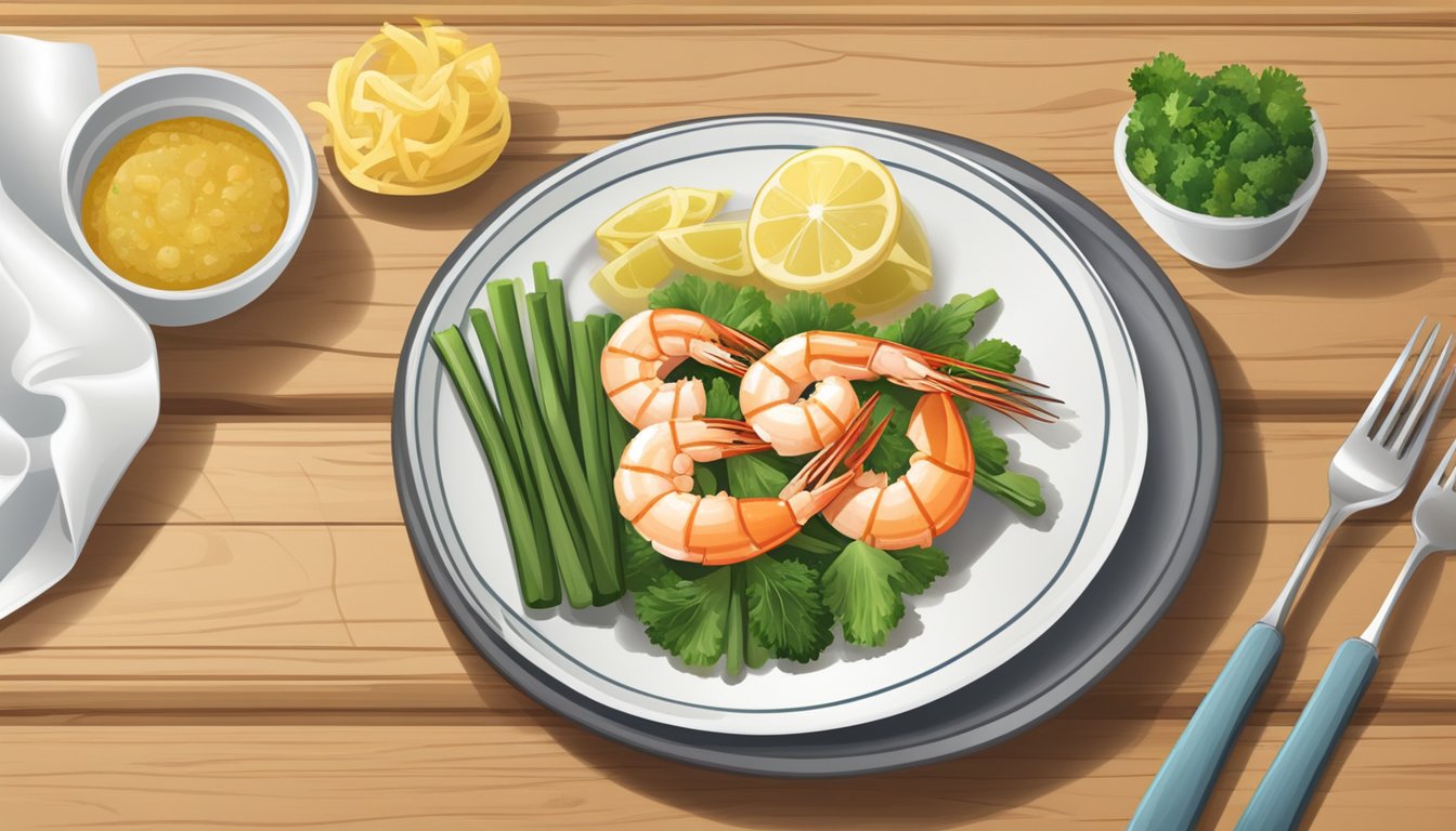 A plate of gluten-free shrimp scampi with a side of vegetables, a fork, and a napkin on a wooden table