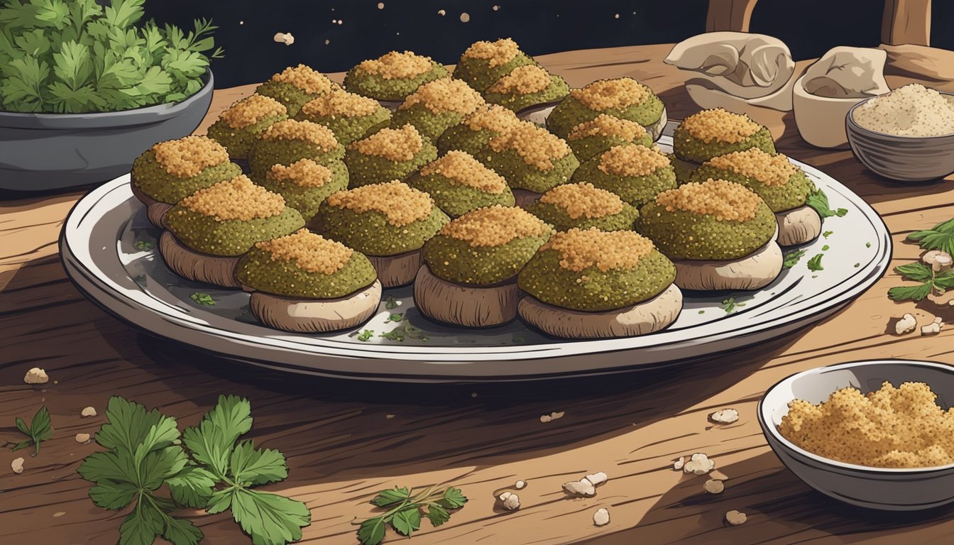 A plate of gluten-free stuffed mushrooms sits on a rustic wooden table, surrounded by fresh herbs and a scattering of breadcrumbs