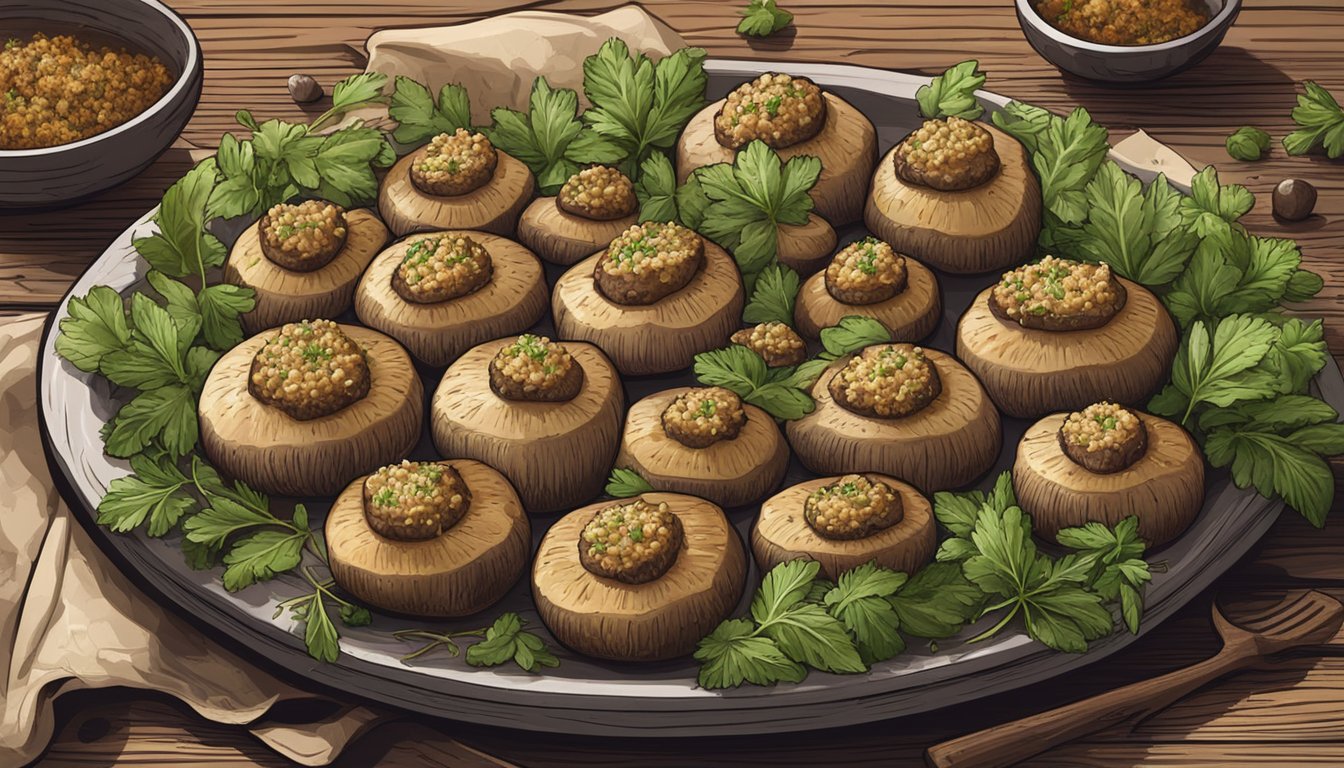 A platter of gluten-free stuffed mushrooms sits on a rustic wooden table, surrounded by fresh herbs and spices