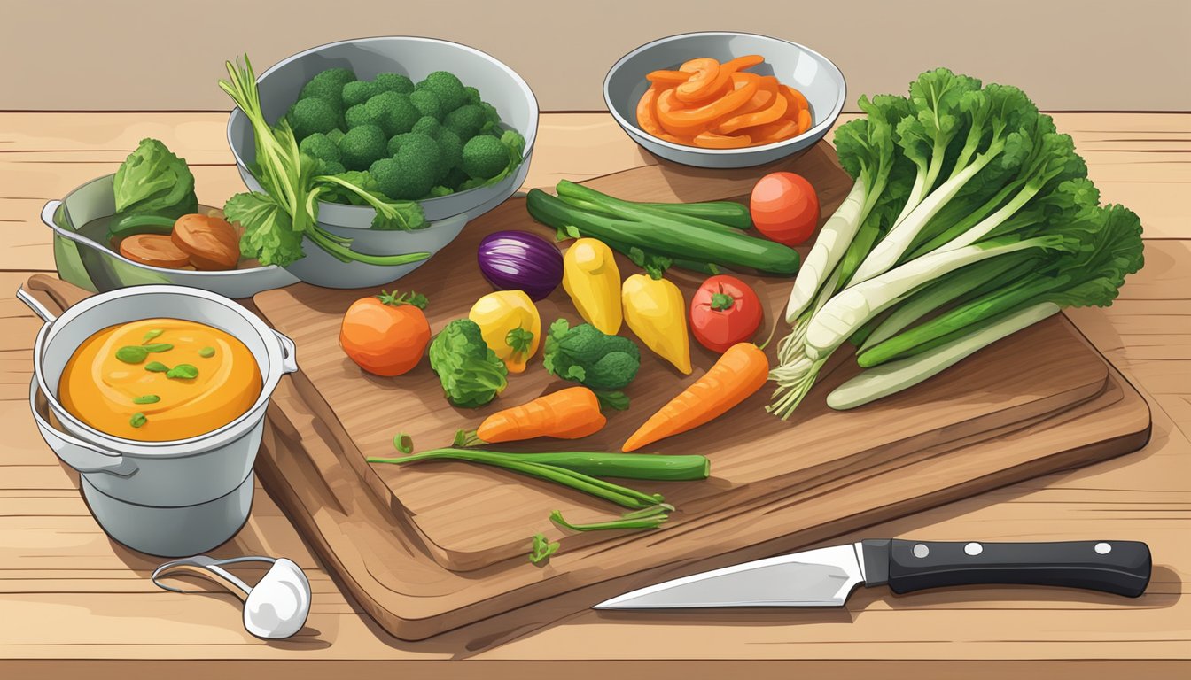 A colorful array of fresh stir-fry vegetables arranged on a cutting board, with a chef's knife and a bowl of gluten-free sauce nearby