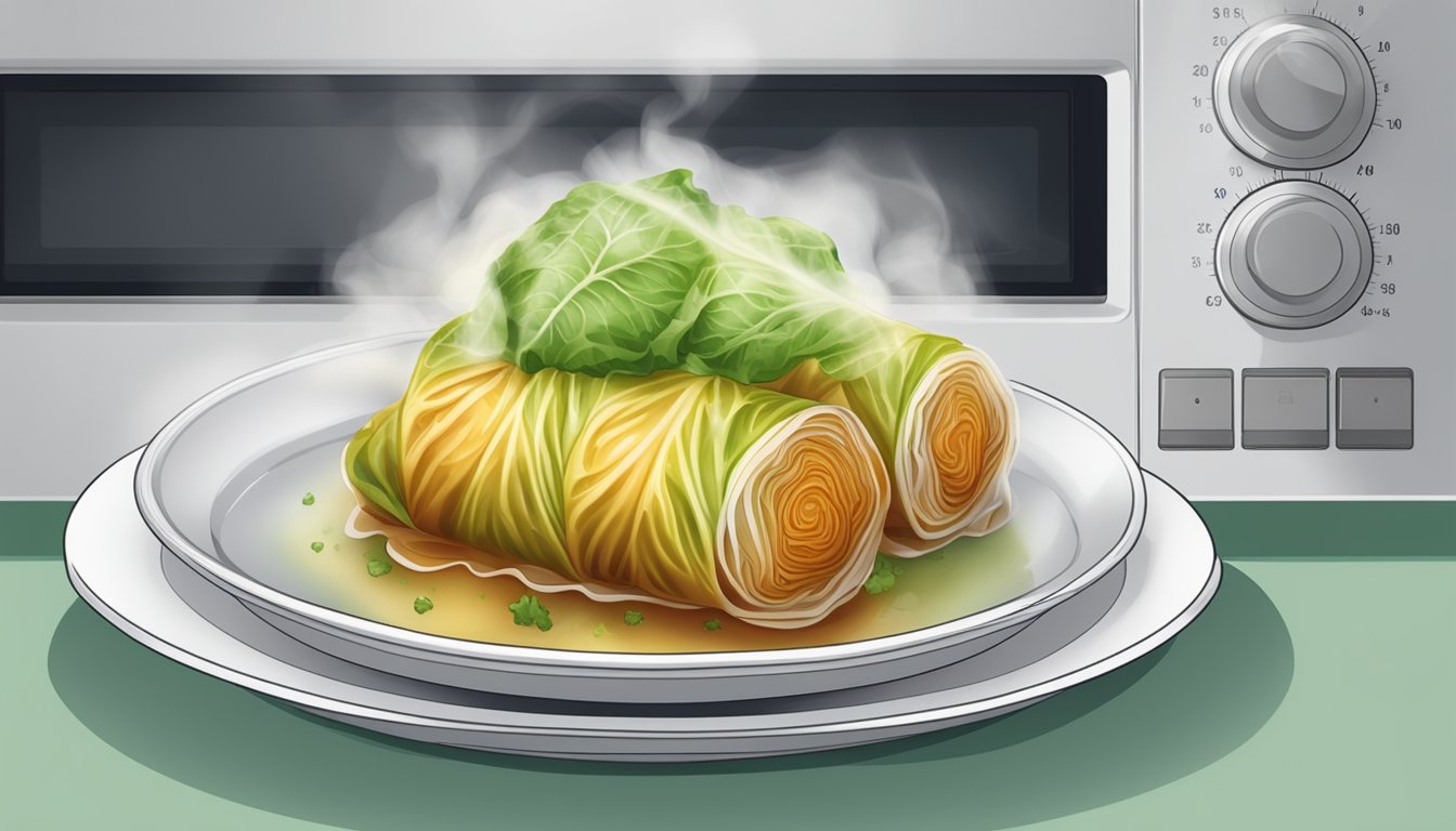 A plate of gluten-free stuffed cabbage rolls being reheated in the microwave, with steam rising from the food