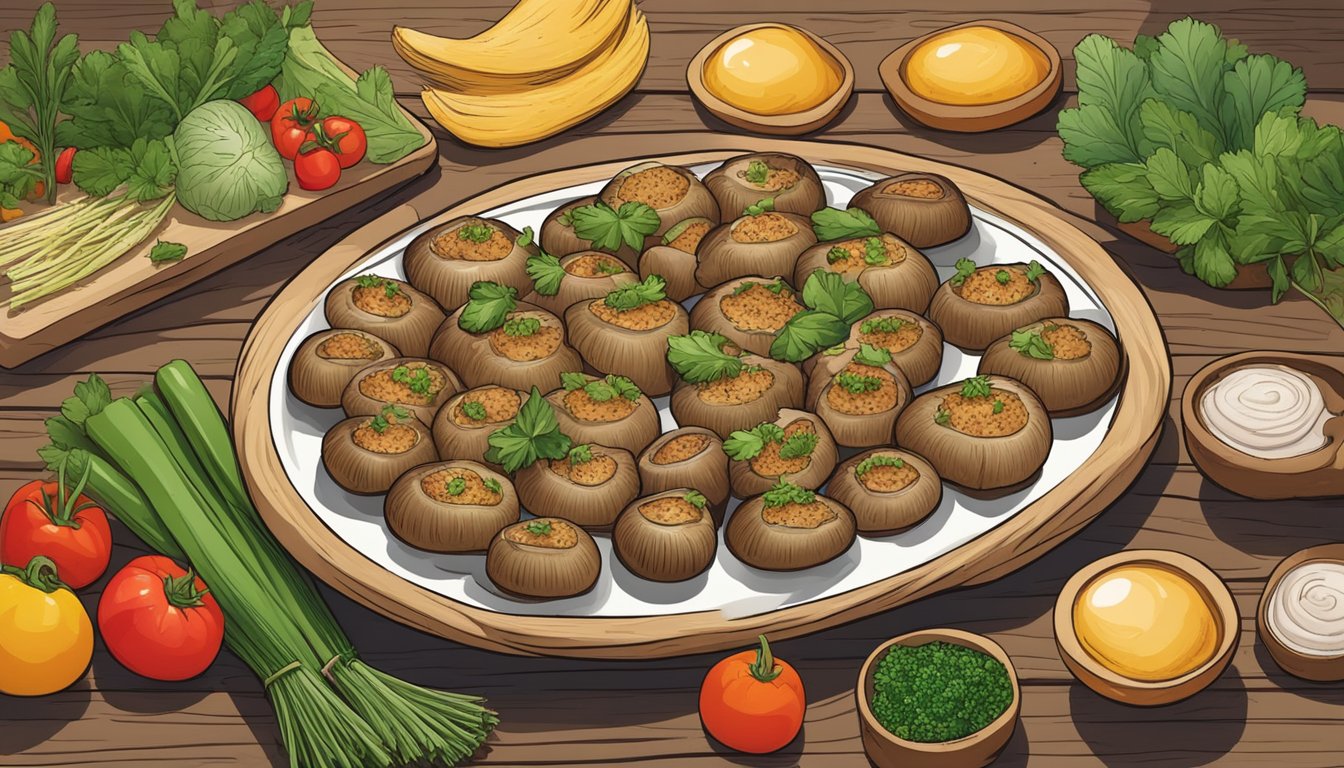 A platter of gluten-free stuffed mushrooms sits on a rustic wooden table, surrounded by fresh herbs and colorful vegetables, evoking a sense of wholesome and flavorful cuisine