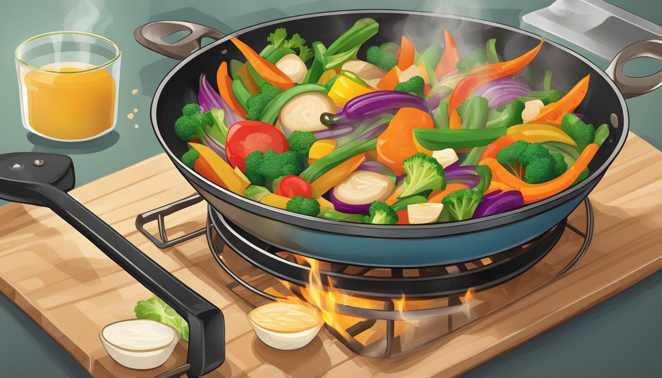 A sizzling stir fry pan filled with colorful gluten-free vegetables, being cooked over high heat