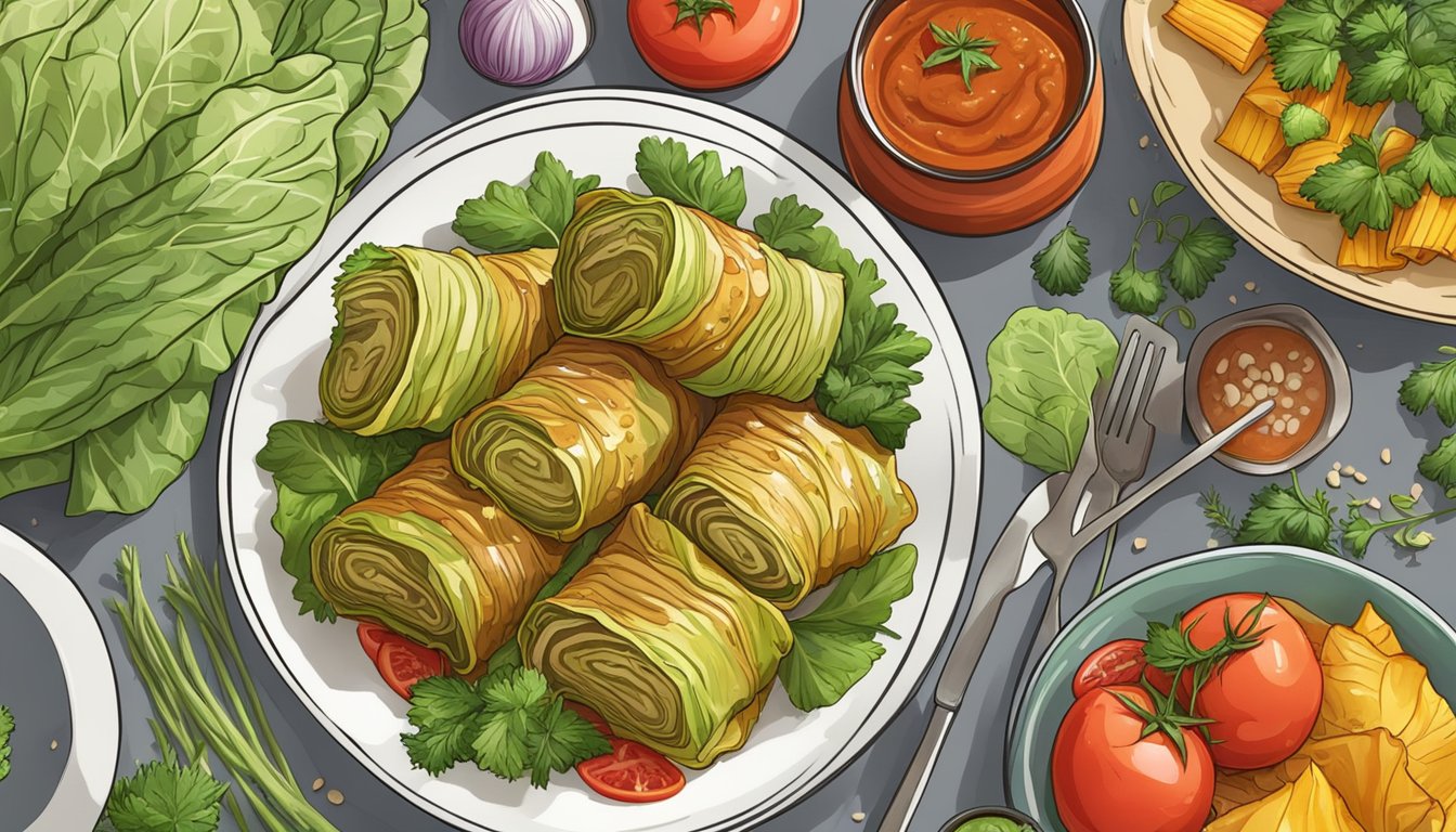 A plate of gluten-free stuffed cabbage rolls sits on a table, surrounded by fresh herbs and colorful vegetables. The rolls are covered in a savory tomato sauce, ready to be enjoyed