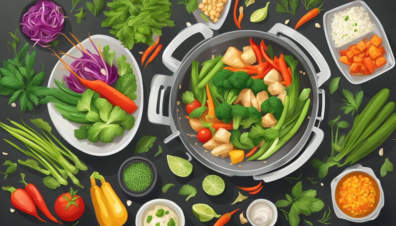 A colorful array of fresh gluten-free stir fry vegetables sizzling in a hot wok, surrounded by various aromatic herbs and sauces for flavor enhancement