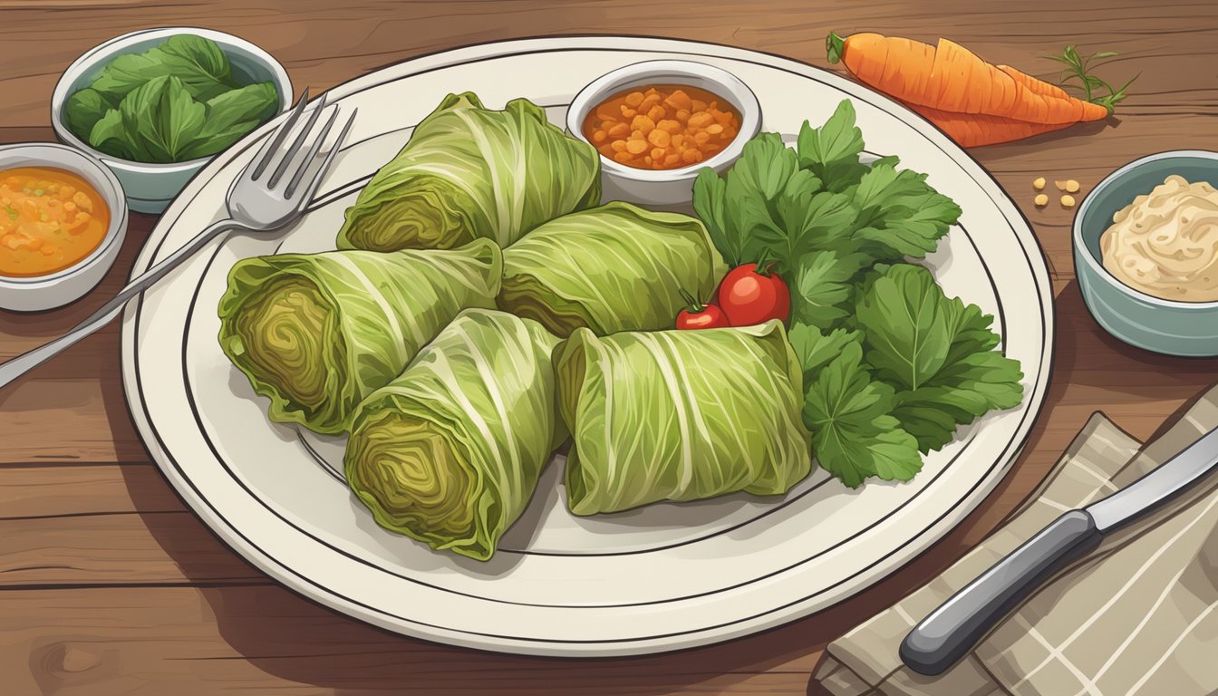 A plate of gluten-free stuffed cabbage rolls sits on a rustic wooden table, surrounded by fresh herbs and colorful vegetables. A warm, inviting atmosphere suggests a sense of comfort and enjoyment