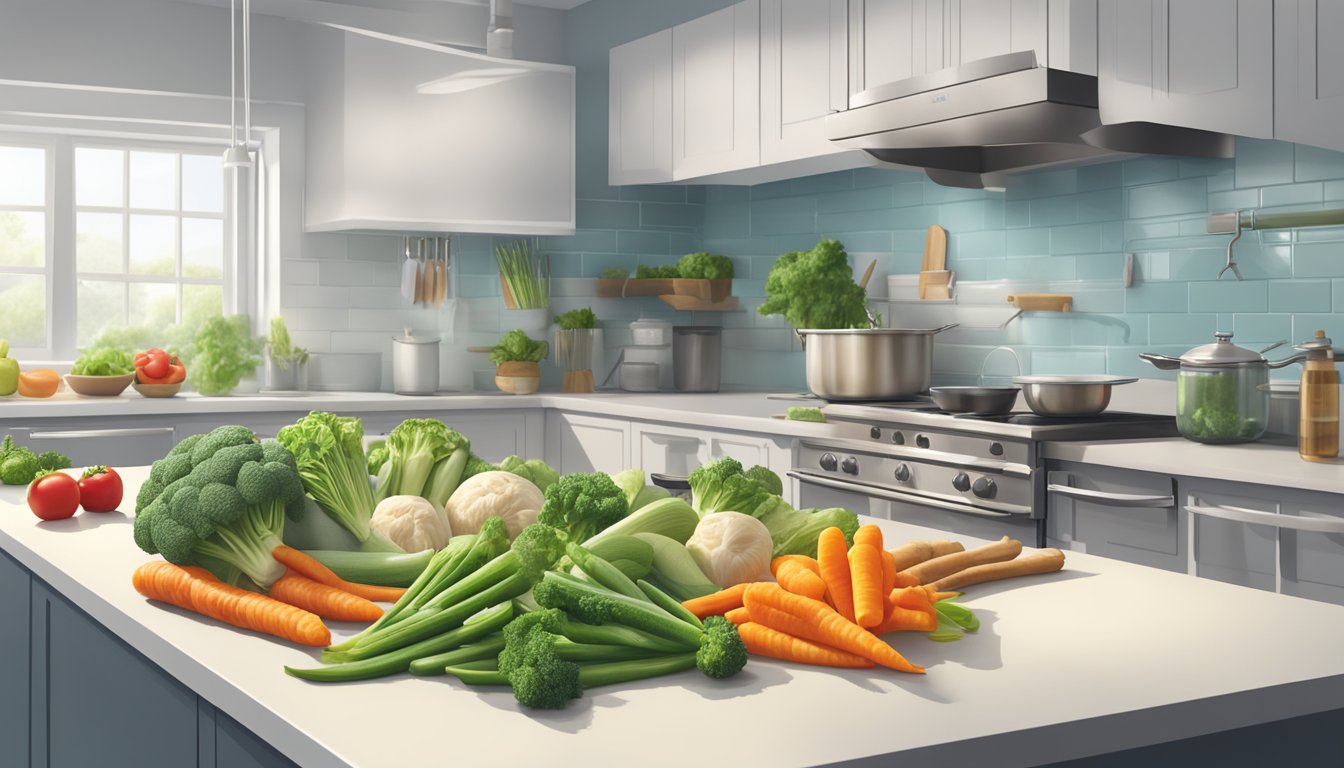 A colorful array of gluten-free stir fry vegetables arranged on a clean, well-lit kitchen counter, with a focus on freshness and food safety