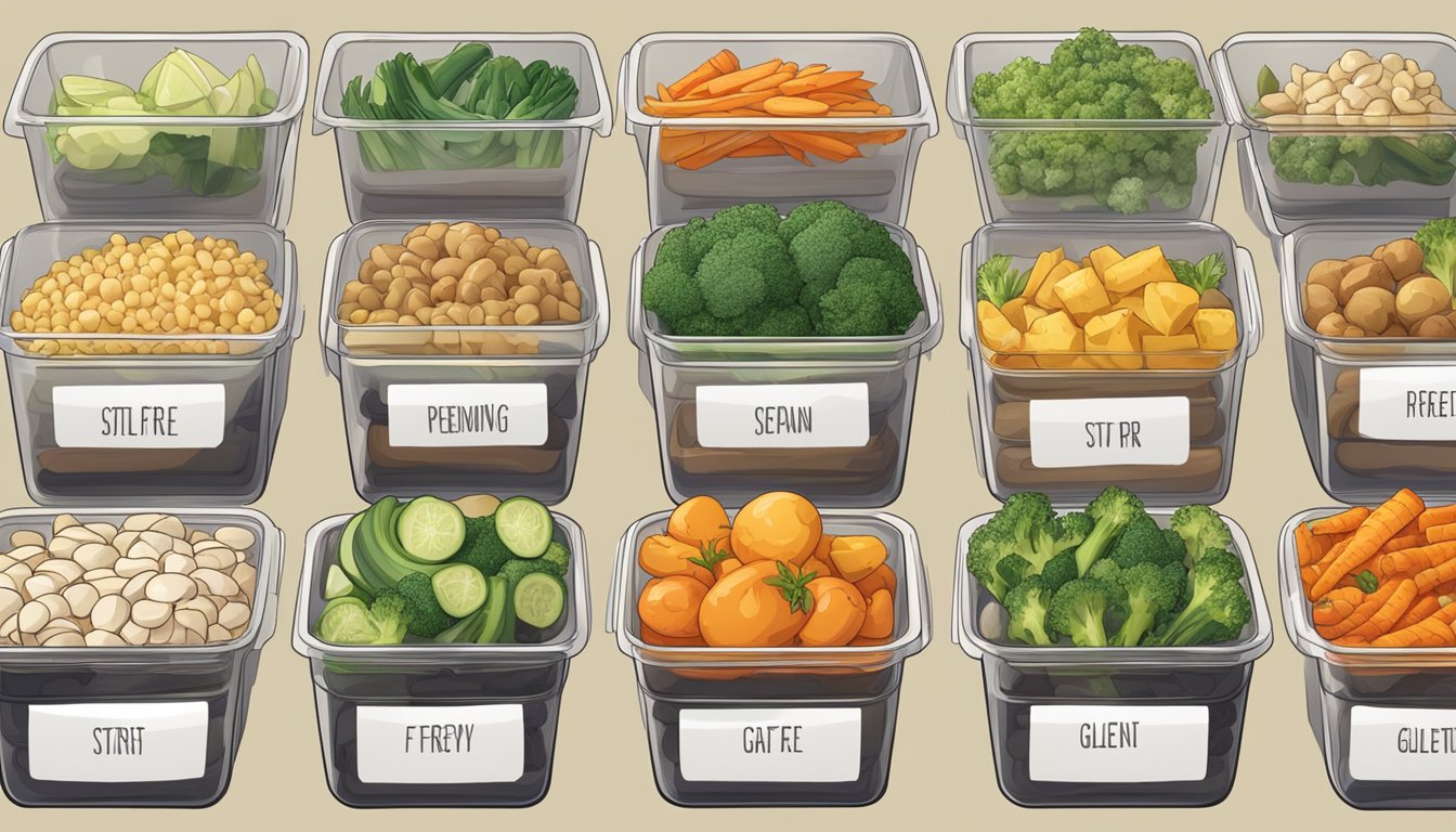 A colorful assortment of fresh gluten-free stir fry vegetables arranged neatly in airtight containers, with labels indicating the date of preparation