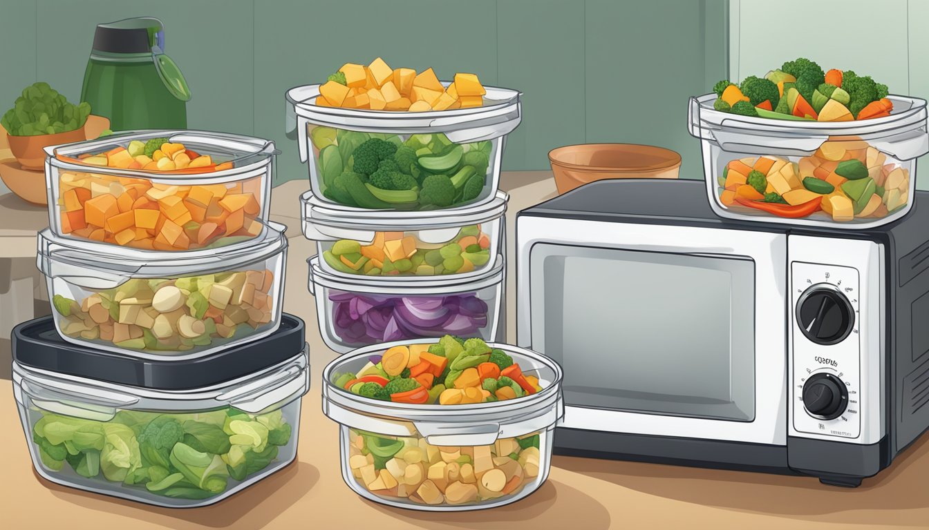 A colorful array of gluten-free stir-fry vegetables arranged in airtight containers, with a microwave and timer nearby for reheating