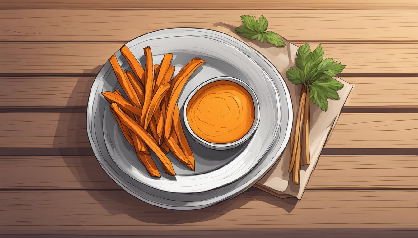 A plate of gluten-free sweet potato fries, fresh and crispy, sit on a wooden table with a side of dipping sauce