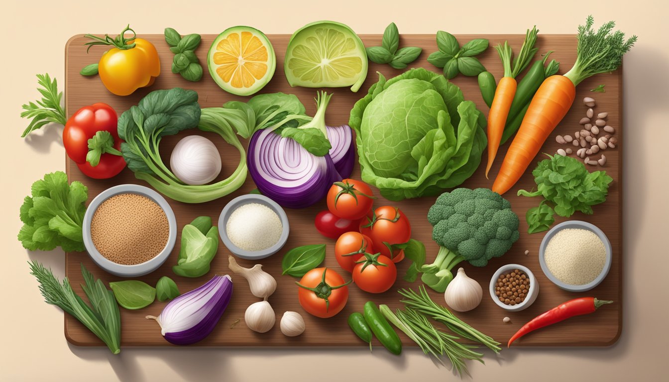 A colorful array of fresh vegetables and protein sources arranged on a cutting board, surrounded by various herbs and spices