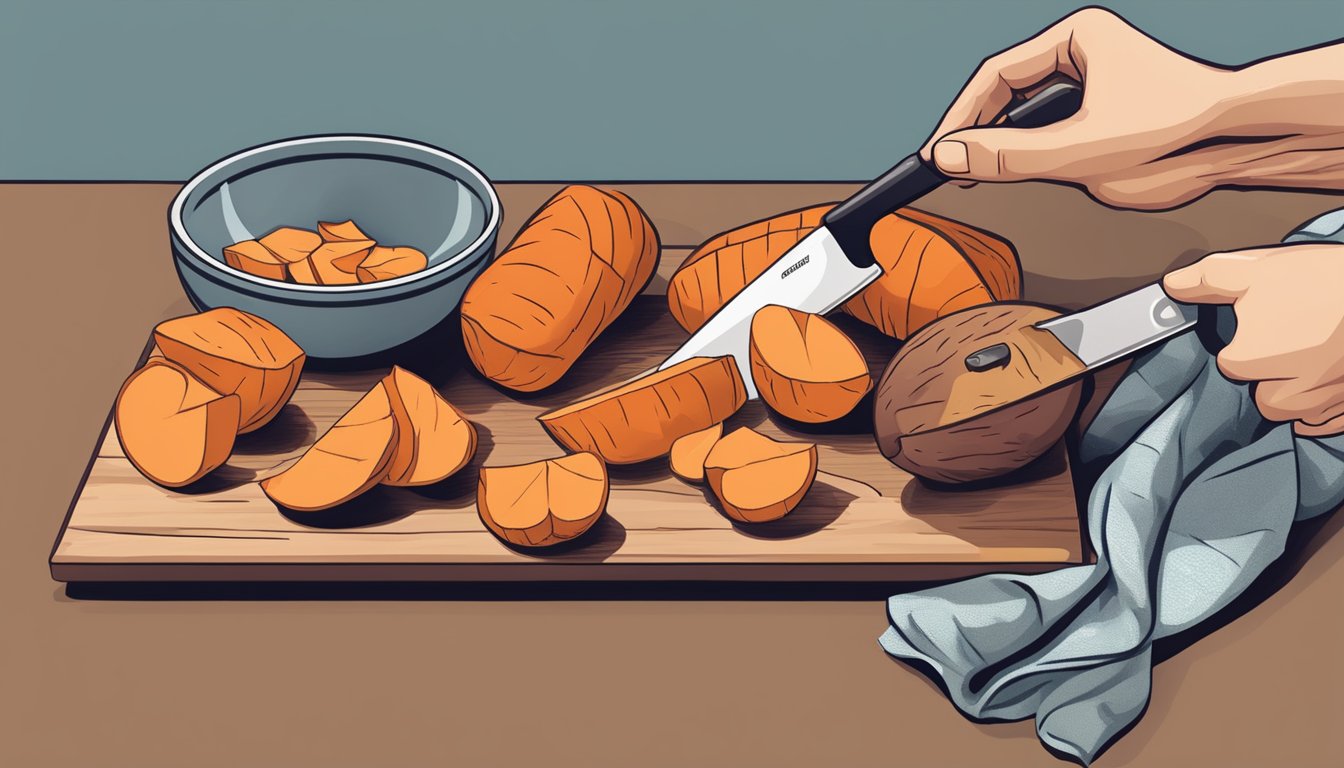 A hand holding a knife peeling sweet potatoes, with a cutting board and bowl nearby