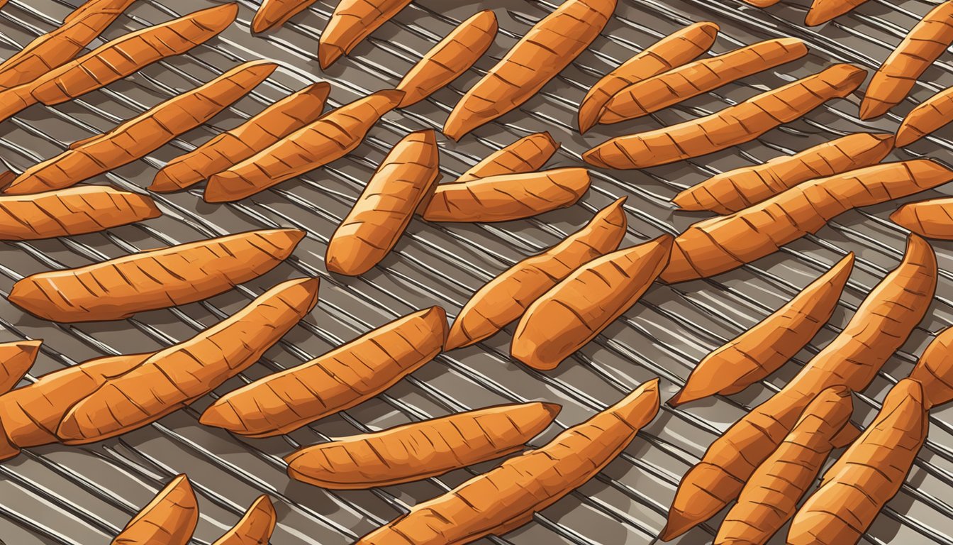 A batch of gluten-free sweet potato fries cooling on a wire rack, with steam rising from their crispy, golden-brown surface