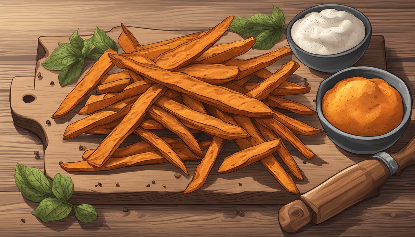 A pile of gluten-free sweet potato fries with various seasoning and flavor enhancements, sitting on a rustic wooden cutting board