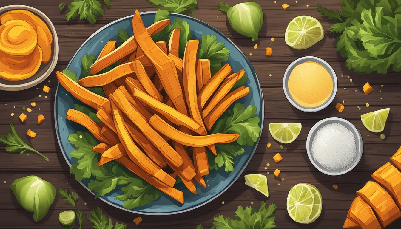 A plate of golden sweet potato fries sits on a rustic wooden table, surrounded by vibrant vegetables and a sprinkle of sea salt