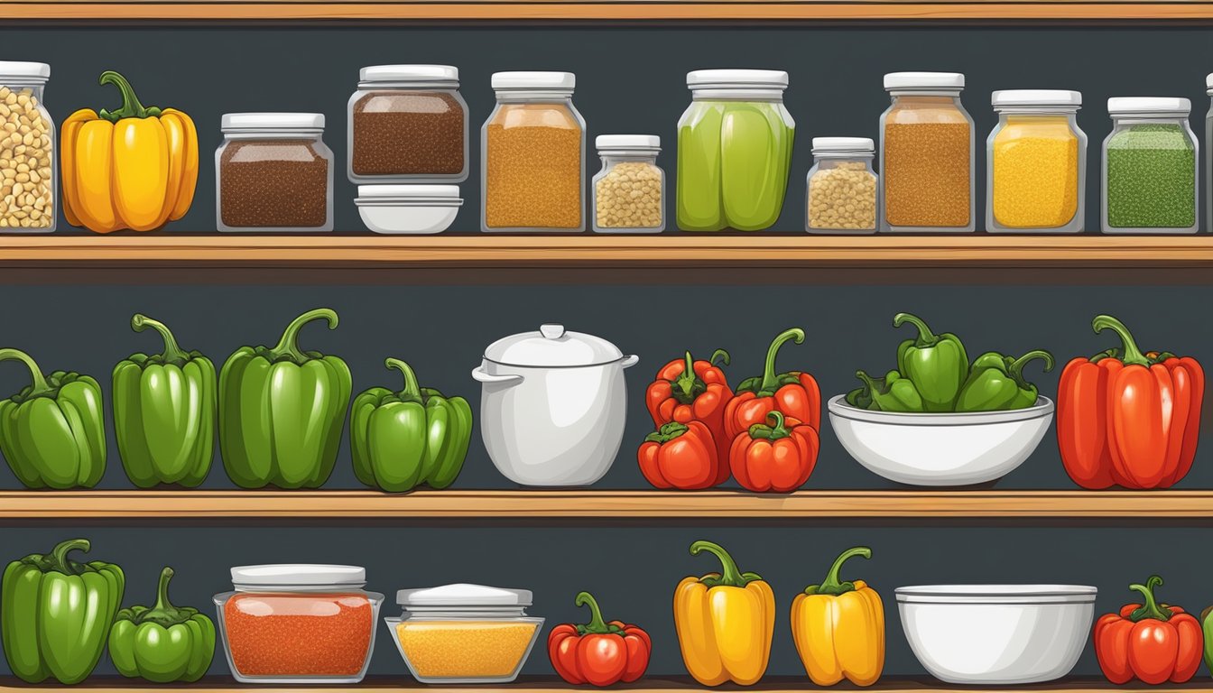 A kitchen shelf with gluten-free stuffed peppers, some fresh and vibrant, others showing signs of spoilage